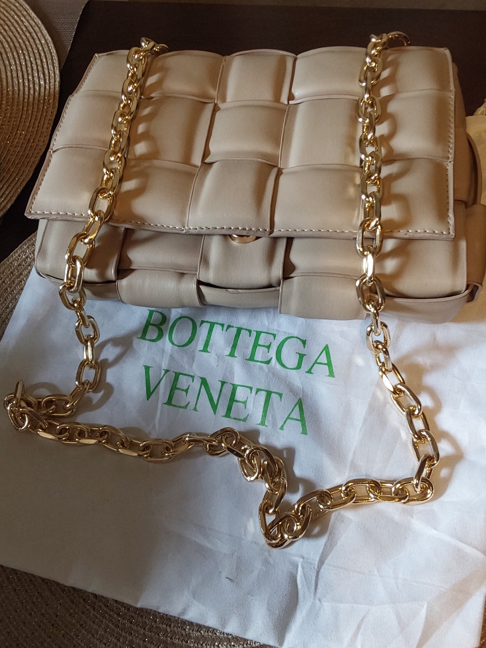 Bottega Veneta Beige Padded Shoulder Bag with Gold Chain Strap